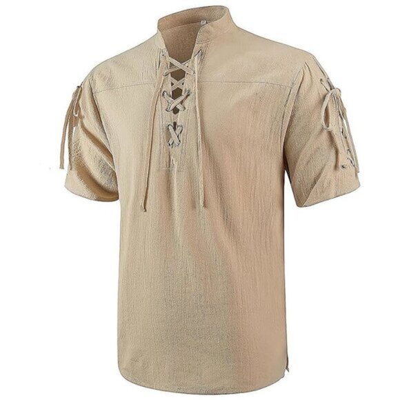Men’s Renaissance Costume Shirts Short Sleeve Khaki - Picture 1 of 6